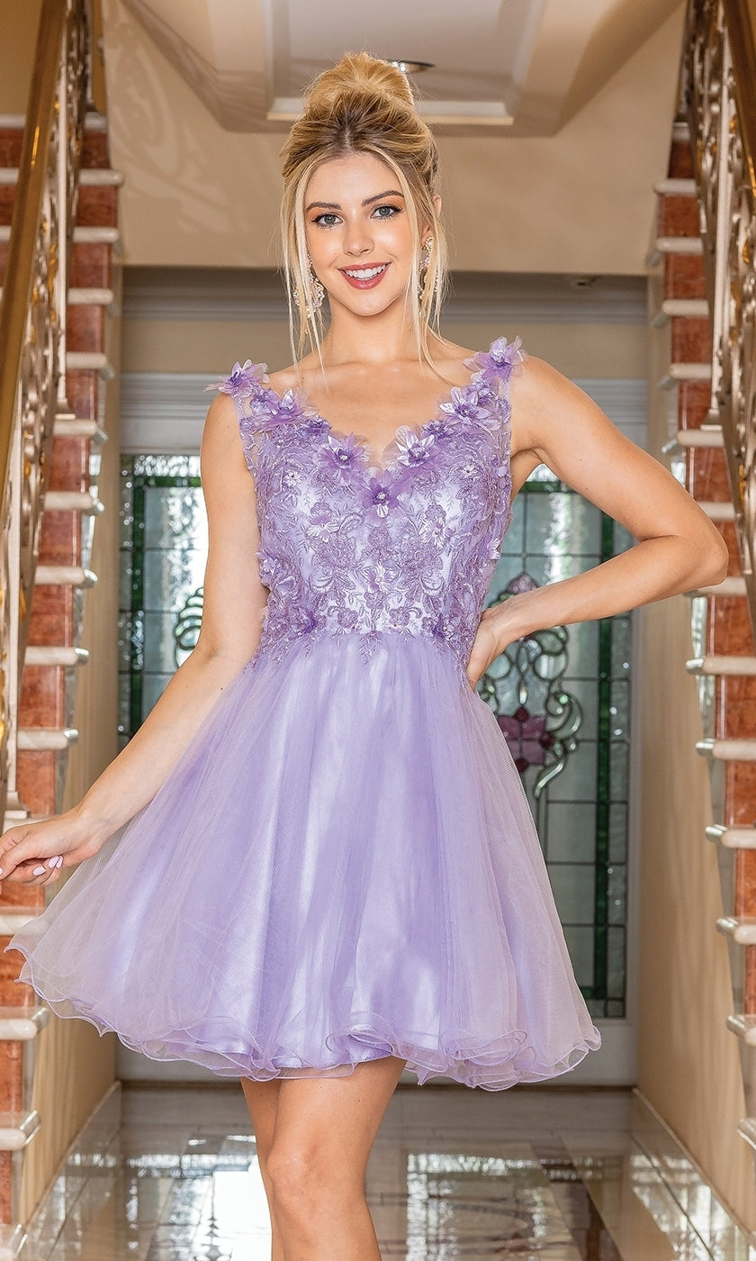 A woman smiles at the base of a staircase in the Flower-Bodice Sleeveless Short Hoco Dress 3297—a light purple lace and tulle party dress with floral accents, perfect for homecoming and under $100.